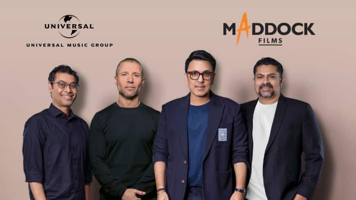 Sanujeet Bhujabal, Adam Granite, Dinesh Vijan, and Devraj Sanyal during the announcement of the strategic partnership between Universal Music India and Maddock Films’ music label, Mad For Mussic.