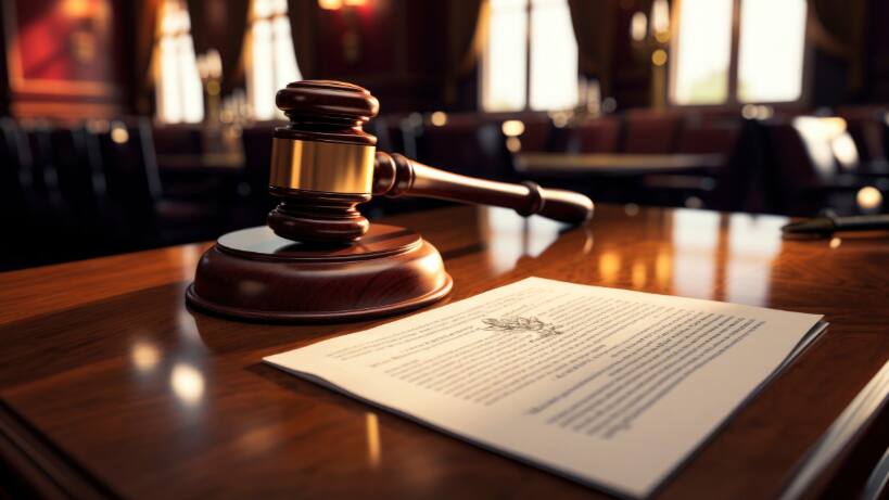 A gavel rests beside court documents inside a courtroom, symbolizing the Delhi High Court's recent John Doe order in Tata Sons' trademark infringement case.