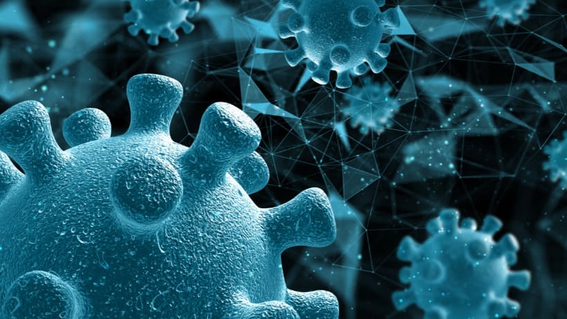 Digital illustration of a virus under a microscope, symbolising outbreaks like African Swine Fever and their widespread impact on animal health and agriculture.