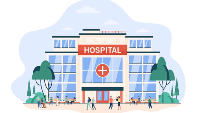 A graphic image of a hospital representing Ayushman Arogya Mandirs
