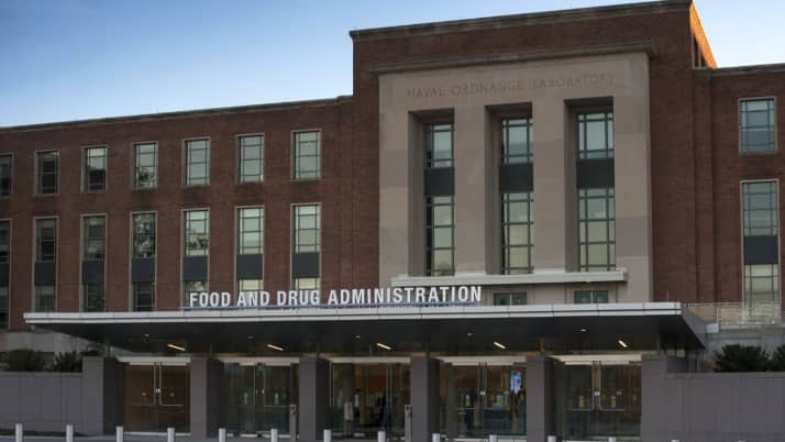 Front entrance of the U.S. Food and Drug Administration headquarters in Maryland.